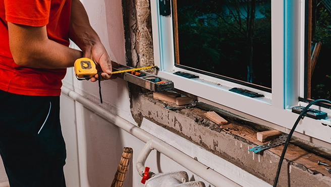 Mr. Handyman using ruler and level for a window.