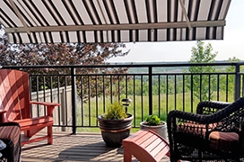A deck covered by an awning.