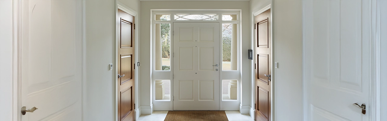 Looking at front door from inside home.