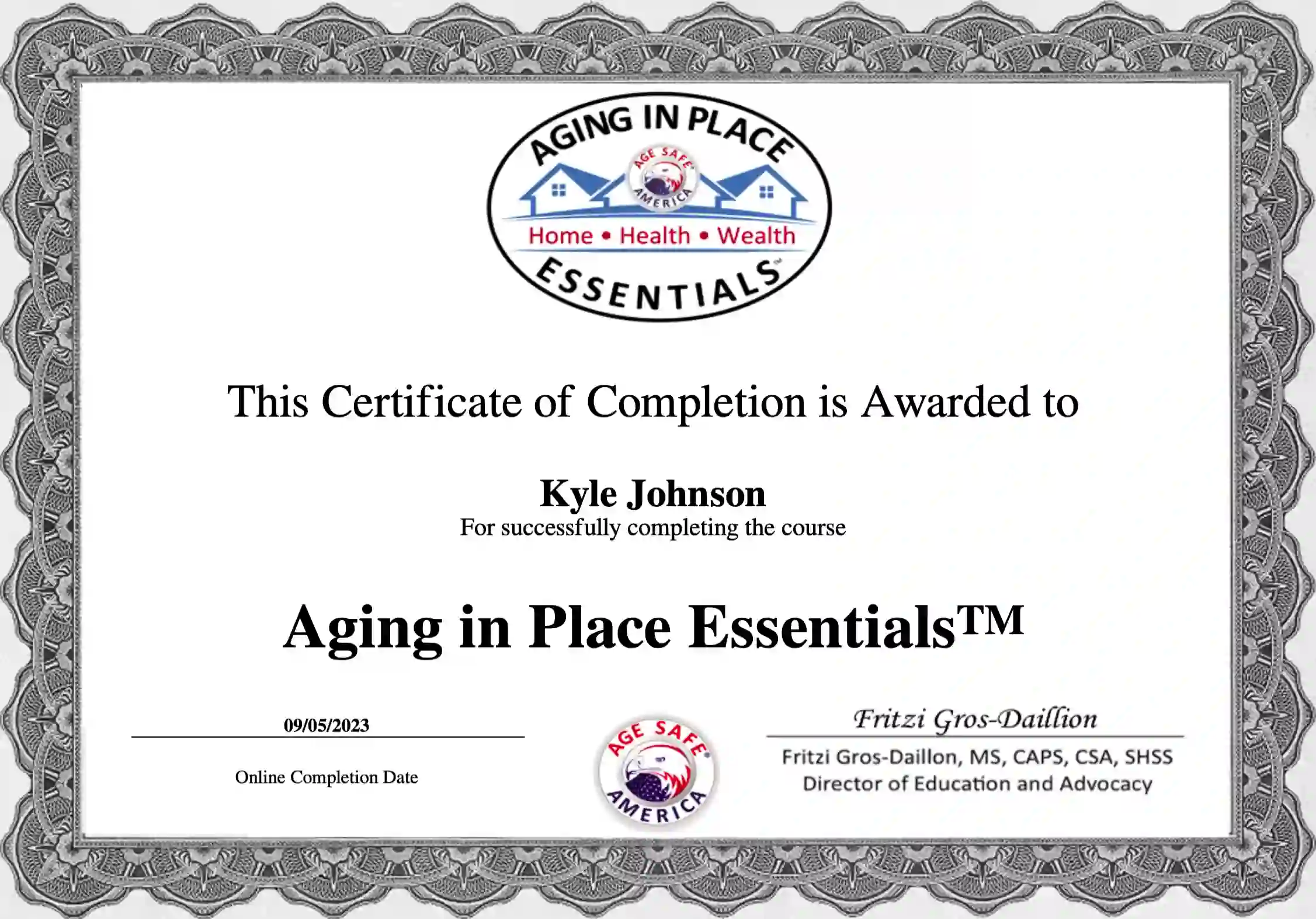 Certificate of Completion for Senior Home Safety Specialist issued to Kyle Johnson.