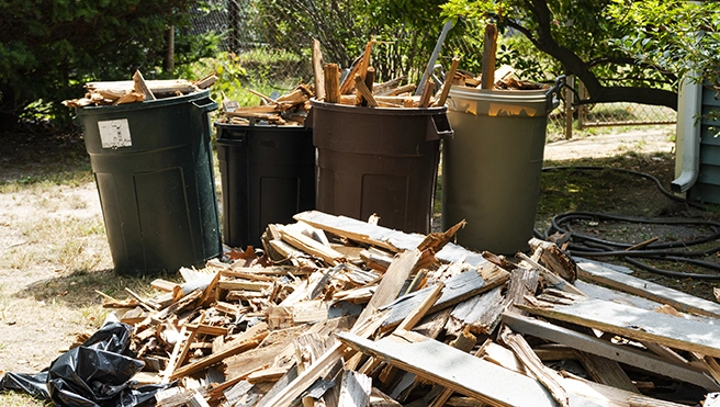 A picture of wood debris stacked up outdoors.