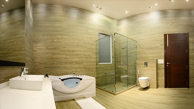 A picture of a walk in tub inside of a master bathroom.