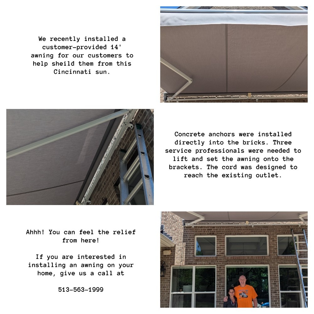 We installed a 14' awning for our customers. Concrete anchors were installed directly into the bricks. Three service professionals were needed to lift and set the awning onto the brackets. Ahhh, relief. #HappyCustomers