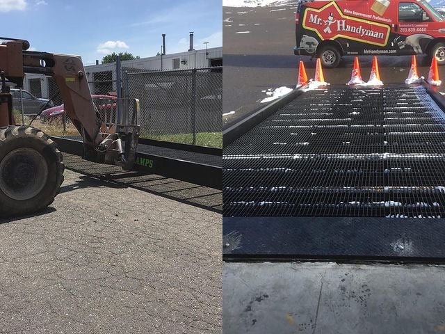 The first picture is a forklift near a fence and the second picture is a platform with cones around it by a Mr. Handyman van.