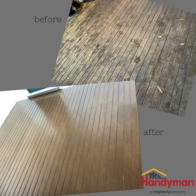Before and after, fresh coat of paint on wooden deck.