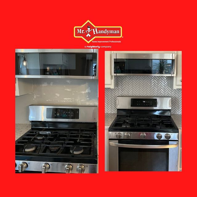 Backsplash behind stove before and after.
