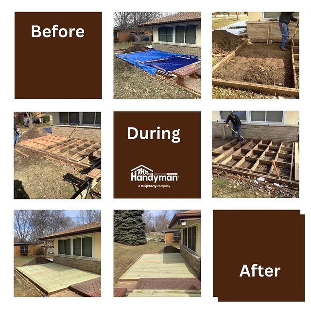 Before, during, and after wood patio being built