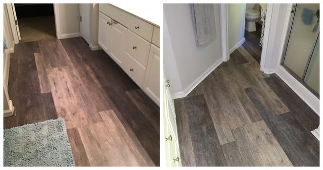 Before and after of bathroom after Jack removed old baseboards and put in new baseboards and quarter round