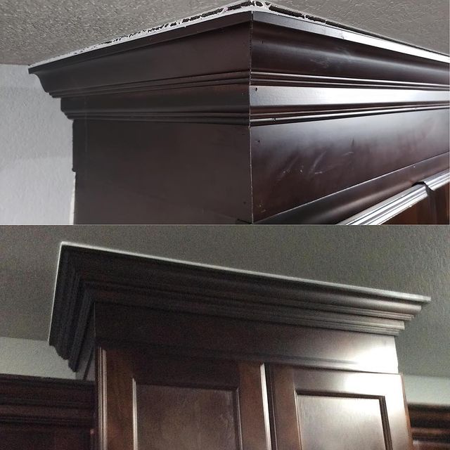 Before and after of cabinet repair.