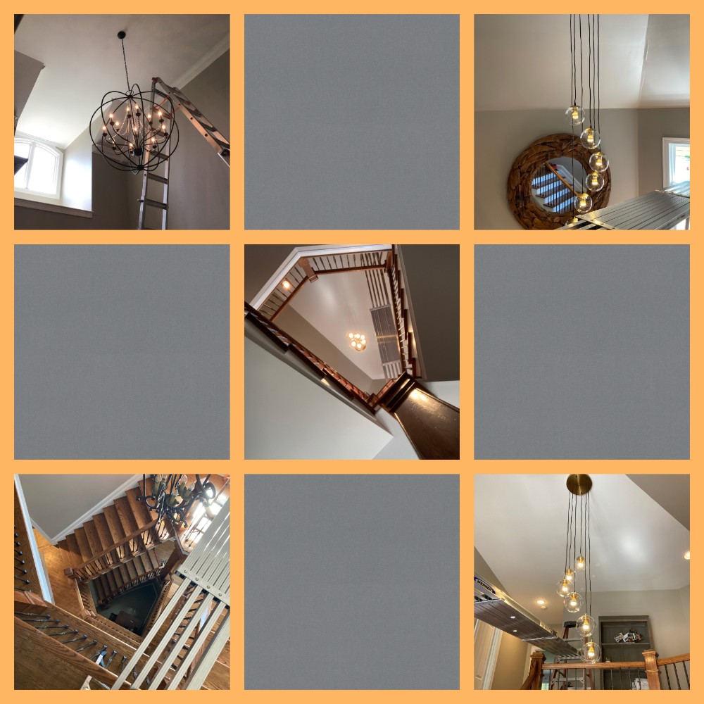 This chandelier replacement required two technicians, a Little Giant skyscraper ladder, and some temporary scaffolding to swap out the customer's existing hallway fixture for a newer one with a sleeker, more modern design.