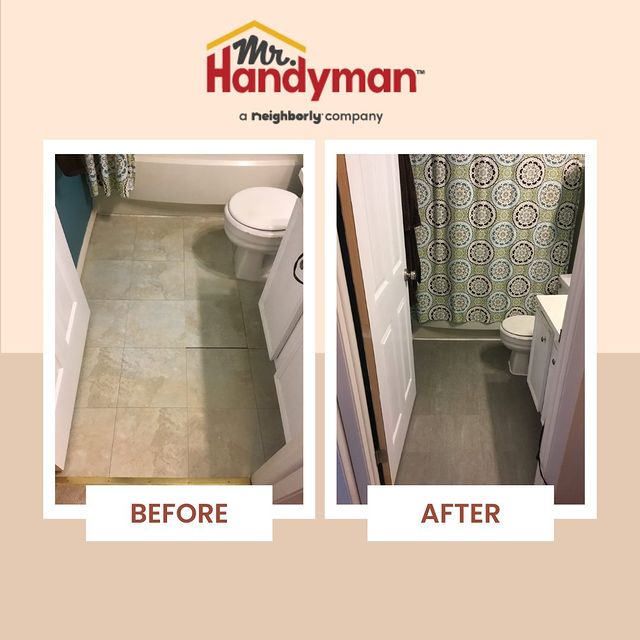 Bathroom floor before and after tile replacement