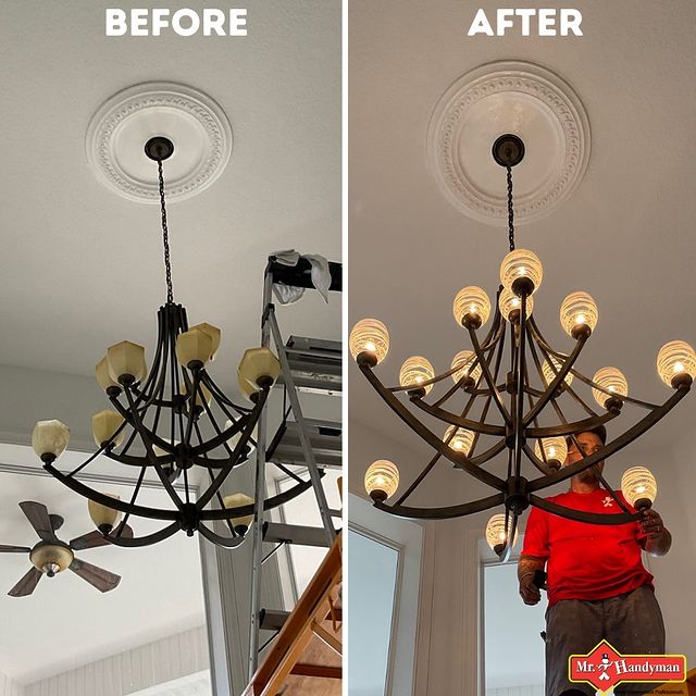 Changing the light globes of chandelier