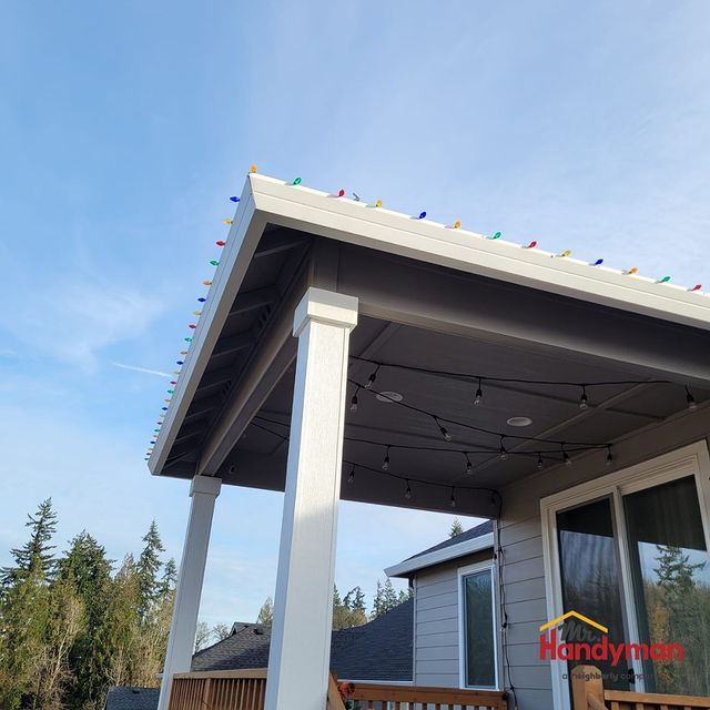 Christmas lights on an awning
