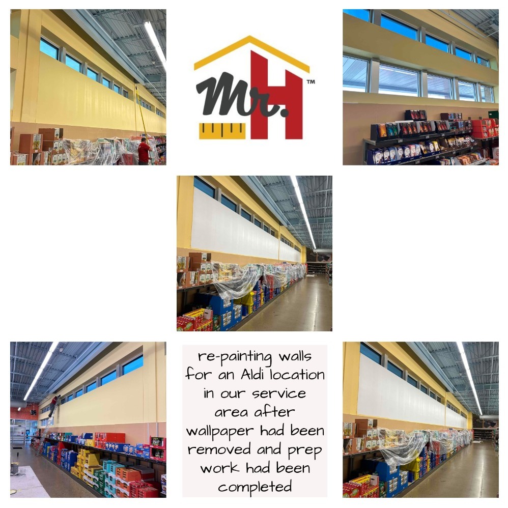 We re-painted walls for an Aldi location in our service area after wallpaper had been removed and necessary cleaning had been done to prep the surfaces.