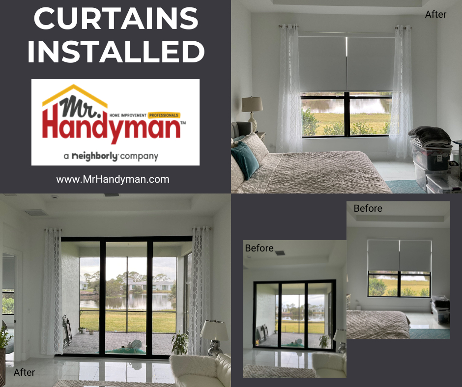 Curtain rod and curtains hung.