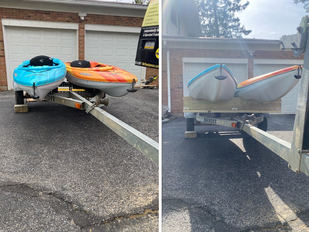 Custom-built wooden kayak rack installed on trailer for secure storage and transport – Mr. Handyman of Lehigh Valley.