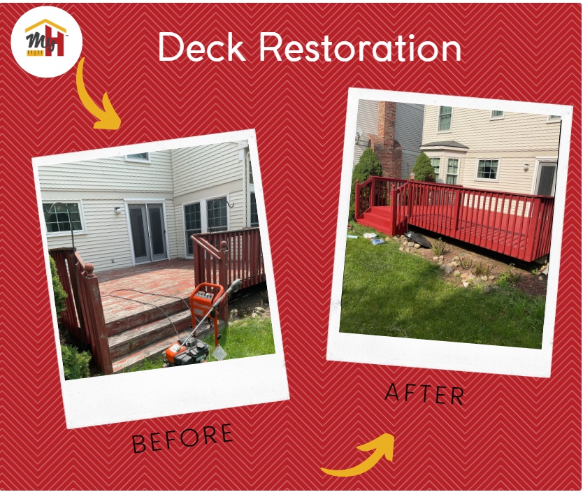 Before and after photos displaying the rejuvenation of a wooden deck through power washing and staining. The 'before' image shows the deck's worn and weathered surface, with dirt, grime, and faded areas indicating the need for care. The 'after' photo reveals the deck's transformation: the power washing has removed years of buildup, restoring the wood's natural texture and preparing it for the next step. The staining process has then imbued the wood with a rich, even color, enhancing its grain an
