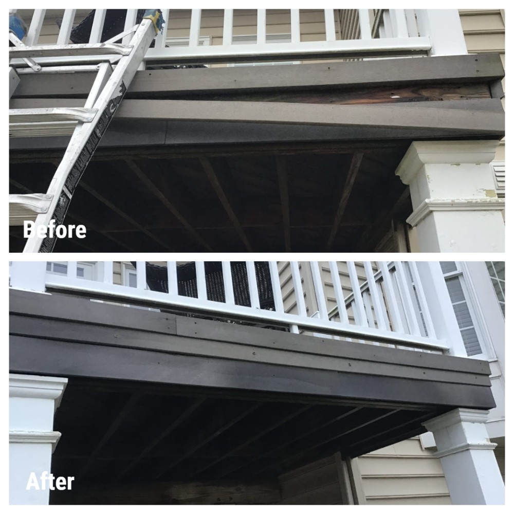 Before: Elevated deck with board sagging. After: Same area with new board affixed in placeand sink.