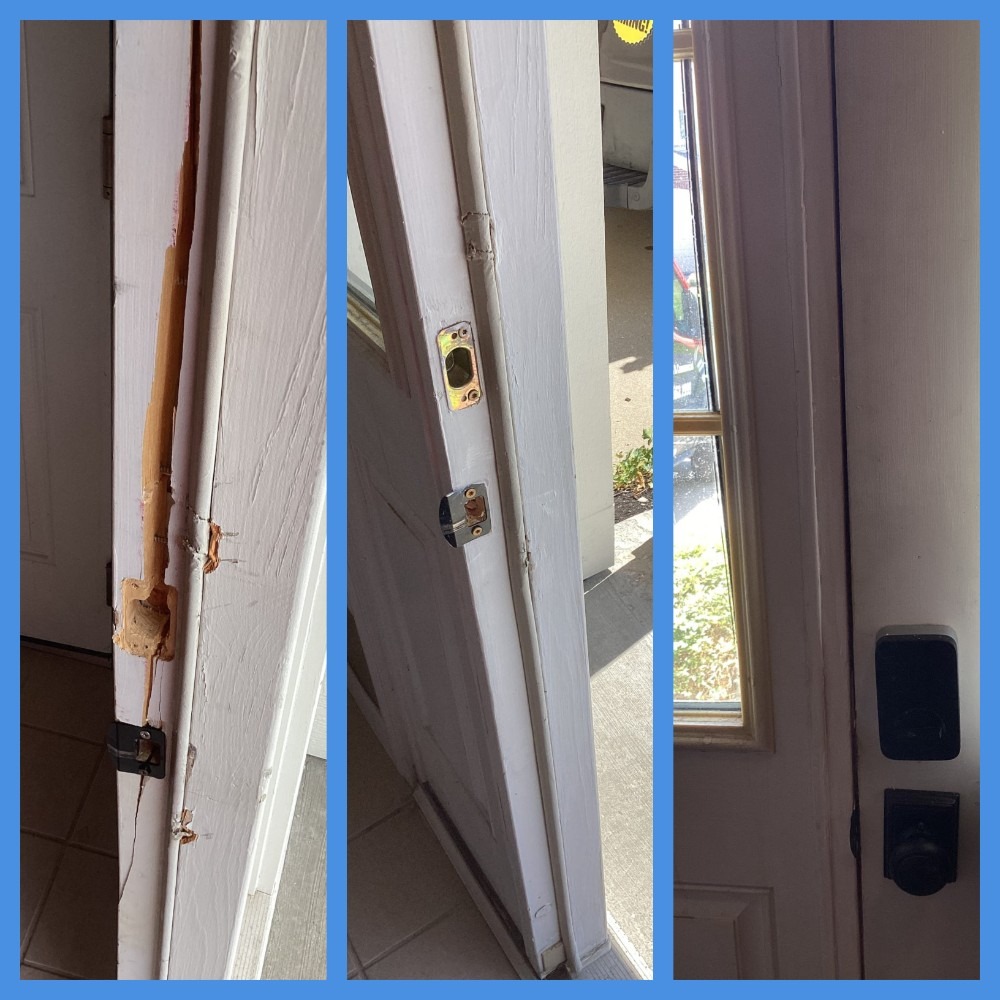 Customer's existing door frame sustained severe damage. We replaced the wood in the door frame and painted to match existing.