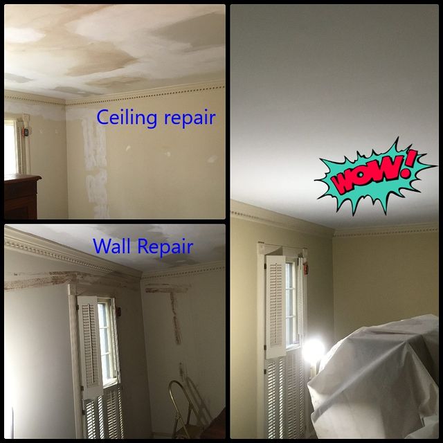 Drywall repair and painting of wall and ceiling - Before and After