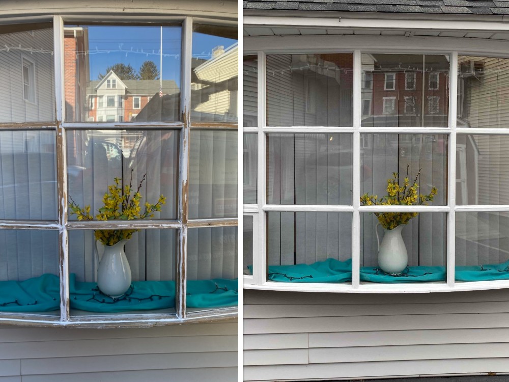 Before and after of an exterior bay window restoration, including sanding and repainting deteriorated wooden frame – Mr. Handyman of Lehigh Valley.