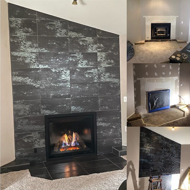 Fireplace remodel before and after.