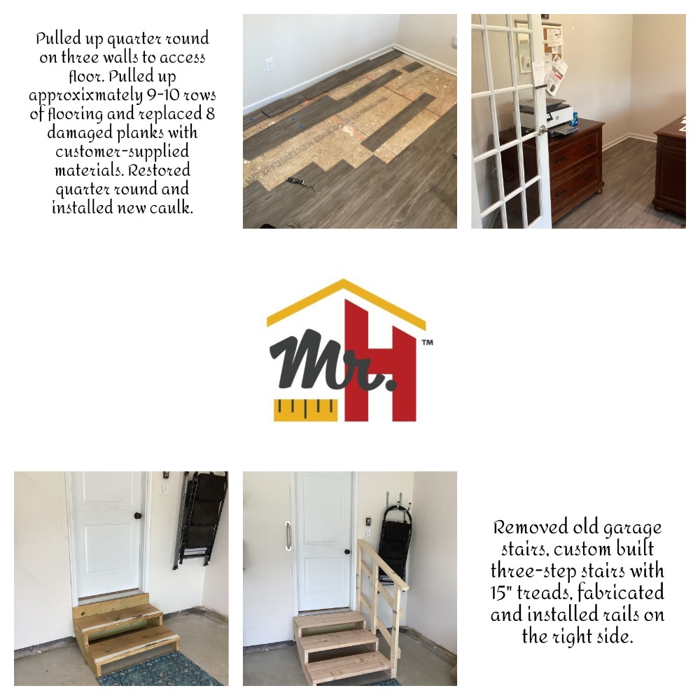 We replaced some damaged laminate flooring with customer-supplied materials. We also upgraded the garage stairs for strength, mobility and safety, and we installed a railing as well.