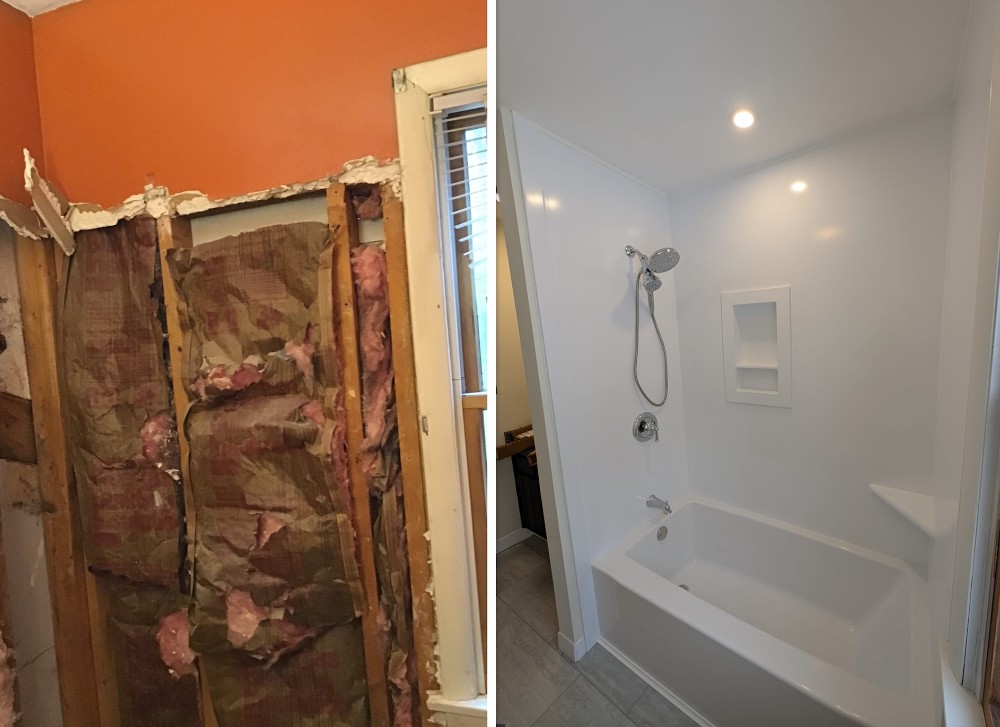 Before and after bathroom remodel showing new white bathtub and walls installed by Mr. Handyman of Lehigh Valley.