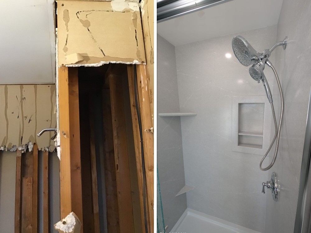 Before and after of a full bathroom remodel from exposed studs to completed walk-in shower with modern fixtures – Mr. Handyman of Lehigh Valley.