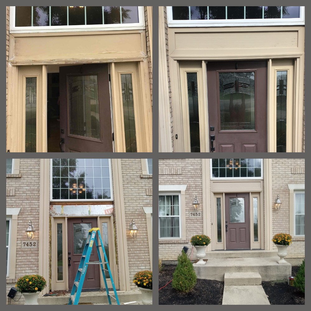 Removed and replaced exterior casing for the door and the panel above. Repaired water-damaged sidelight jamb, caulked all joints and seams. Applied two coats of exterior color-match paint to all repaired areas.
