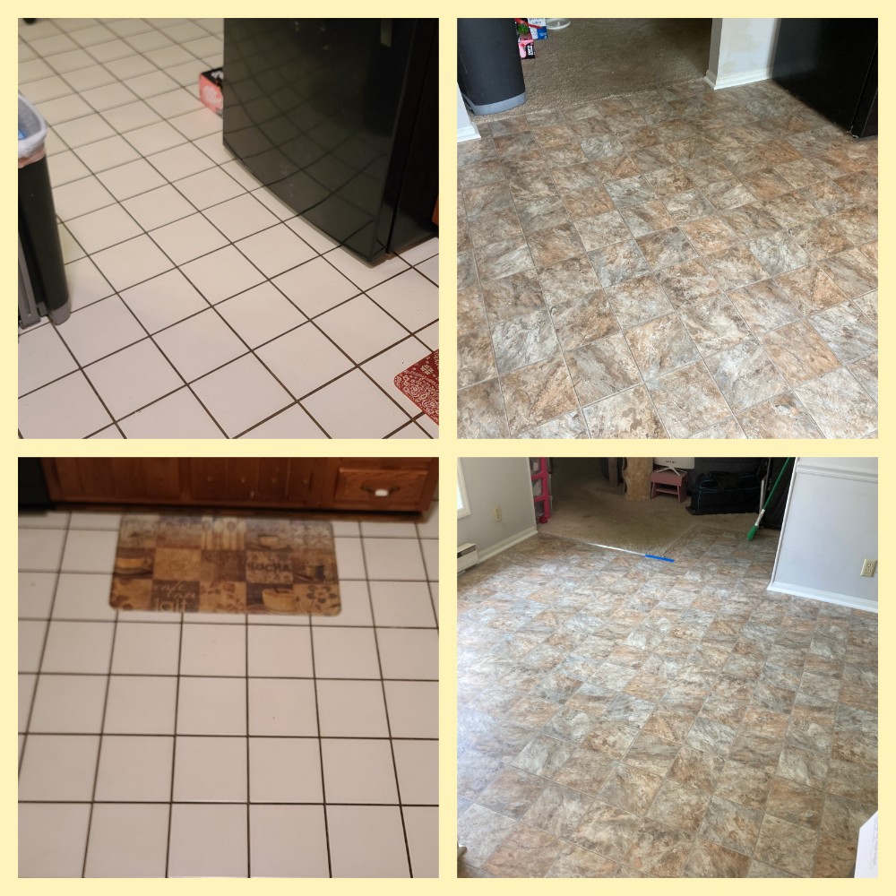 We steam cleaned the floor to remove all trapped dirt and oils. Installed self-leveler to fill the gaps in the existing grout. Installed new flooring.