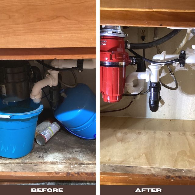 Kitchen sink pipes before and after restoration.