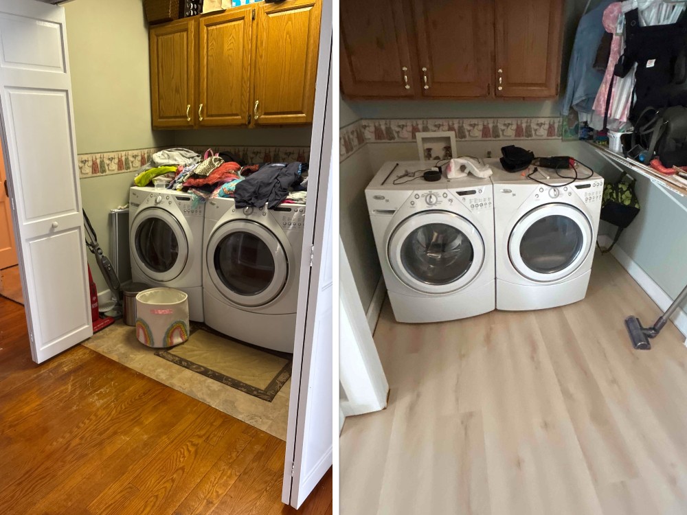 Laundry room transformation showing updated flooring installation by Mr. Handyman of Lehigh Valley for a clean and unified look.