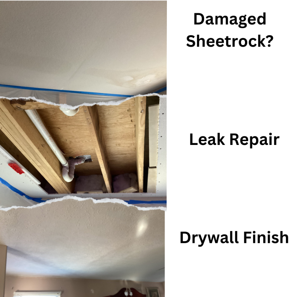 Leak repair and drywall ceiling finish