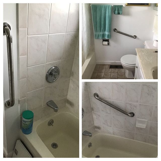 Newly installed grab bars in the tub, shower, and toilet.