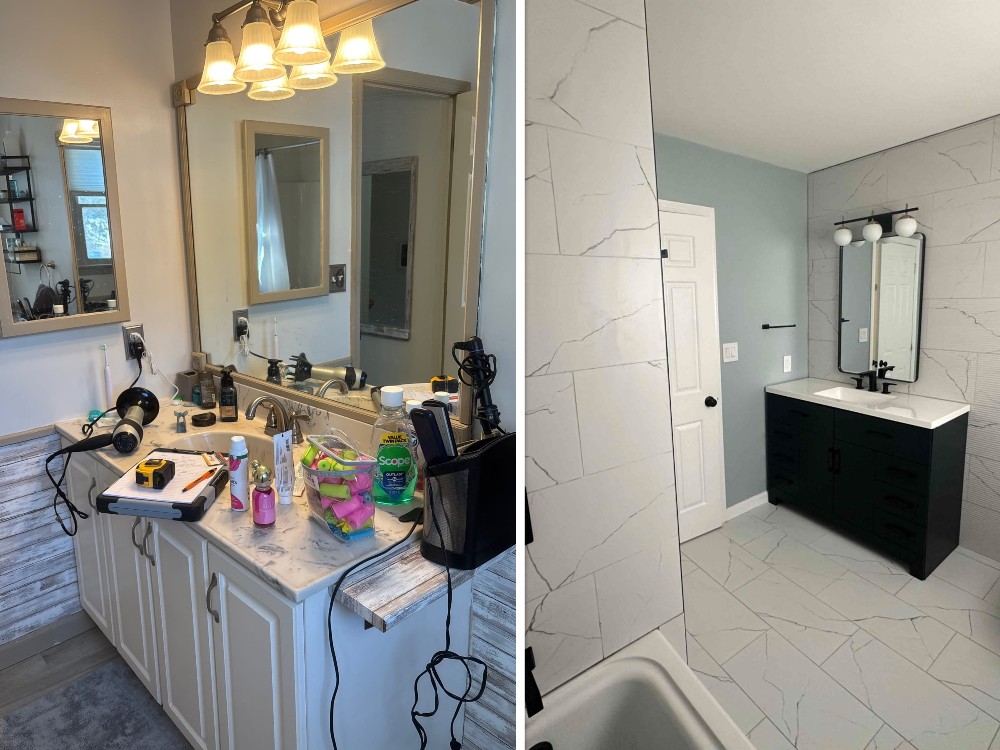 Bathroom renovation featuring new tile walls and a sleek black vanity, replacing outdated finishes – Mr. Handyman of Lehigh Valley.