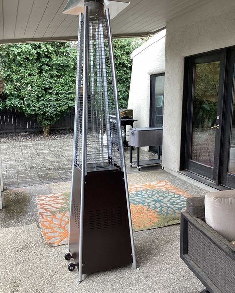 Outdoor patio space with heater.