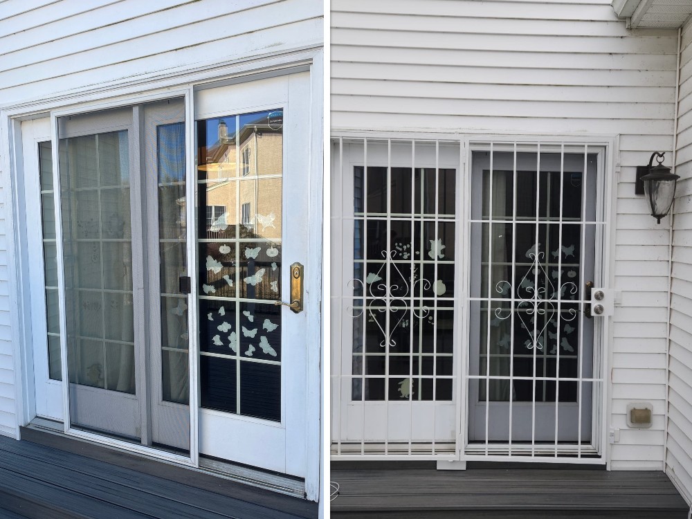 Before and after of a patio door with added white security gate for improved safety and style – Mr. Handyman of Lehigh Valley.