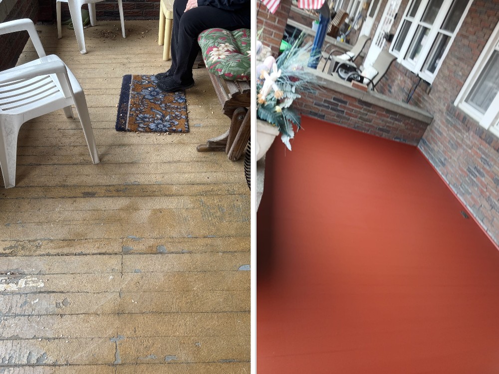 Old front porch flooring refinished and painted in vibrant red for a renewed outdoor look – Mr. Handyman of Lehigh Valley.