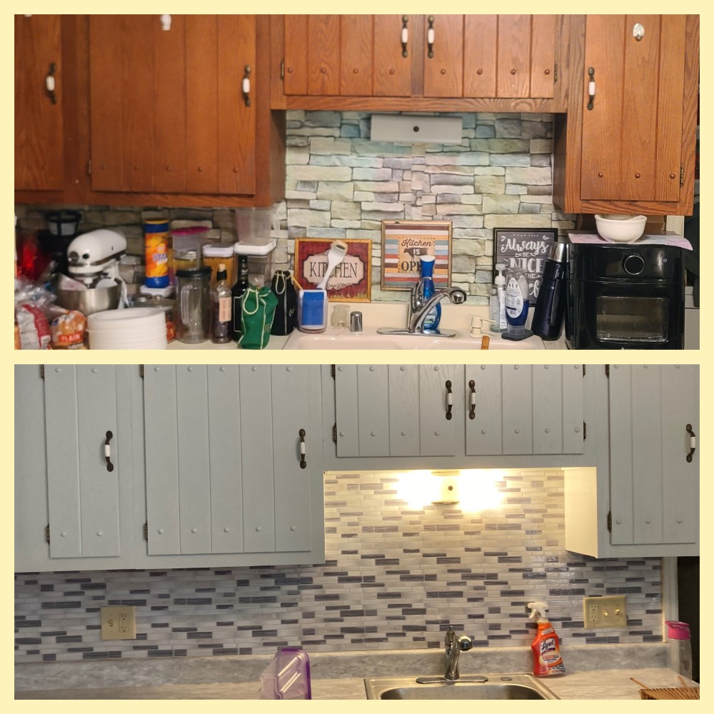 We updated the look of the natural wood cabinets--removing, sanding, priming, painting and re-installing. Removed existing counter tops to replace existing kitchen sink with stainless steel drop-in model. Installed new backsplash.