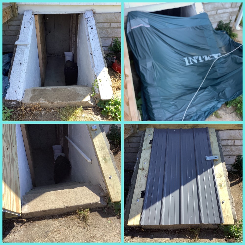 We removed existing wood from around basement entry door. Cut new boards to anchor sides and top of door. Cut to fit treated plywood as new door and installed steel protection panels to cover plywood. Installed latch and lock to door.