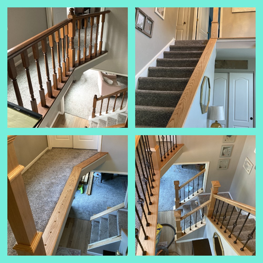 Remove existing railings, remove existing balusters. Re-stain railing tops, bottoms and posts. Install customer-supplied balusters, and reinstall.