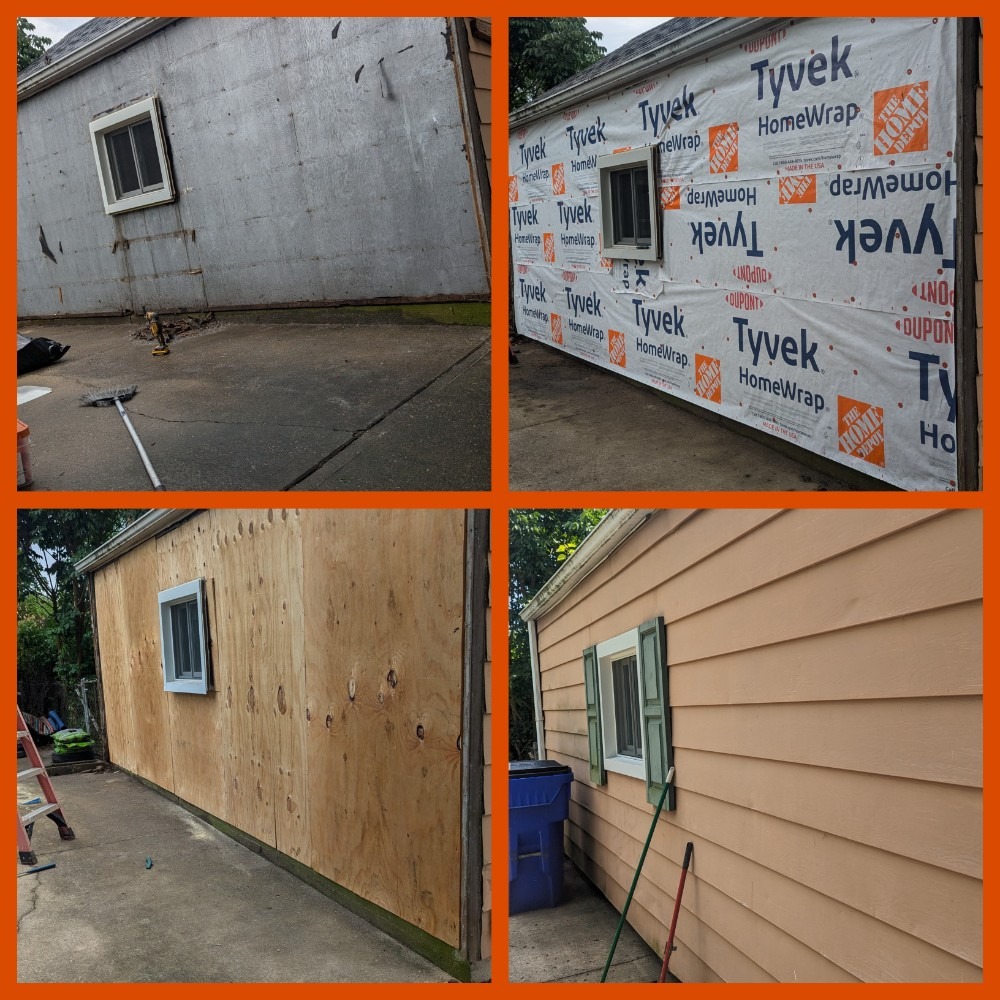 We removed aluminum siding and set aside. Removed wood siding and plywood on side of garage. Removed all nails, inspected studs for damage, then installed new plywood and Tyvek water barrier. We reinstalled the siding & fabricated new corner pieces.