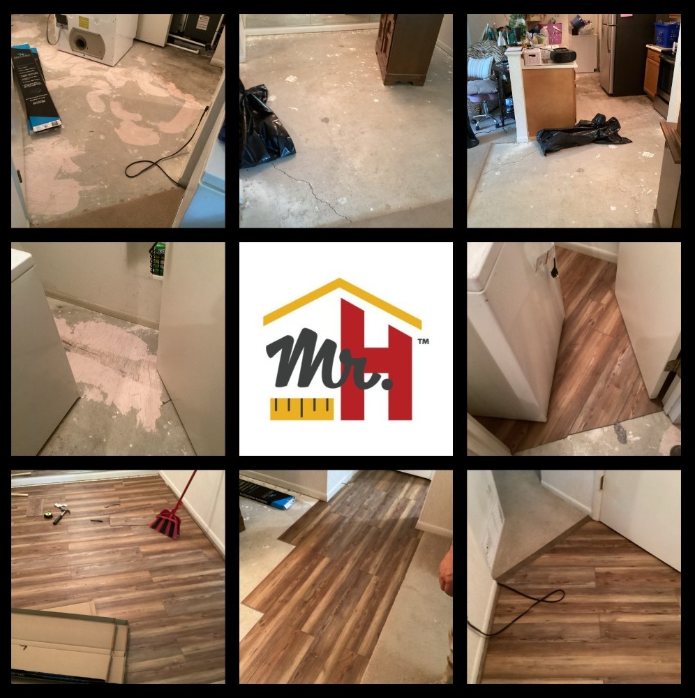 Replacing laminate flooring throughout the kitchen, dining room, closets, utility room, and hallway. Removal of old flooring down to subfloor and installation of new flooring, removal and reinstallation of trim, quarter round and transition strip.