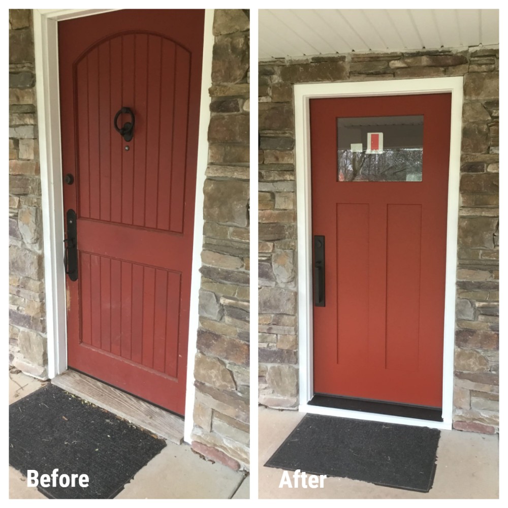 Before: Old exterior door. After: Same area with new door installed.