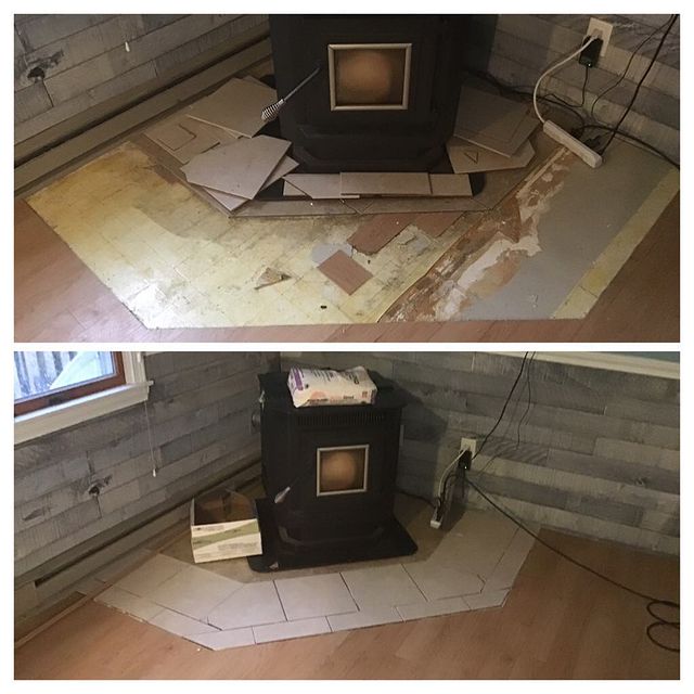 Replacement tile next to pellet stove.