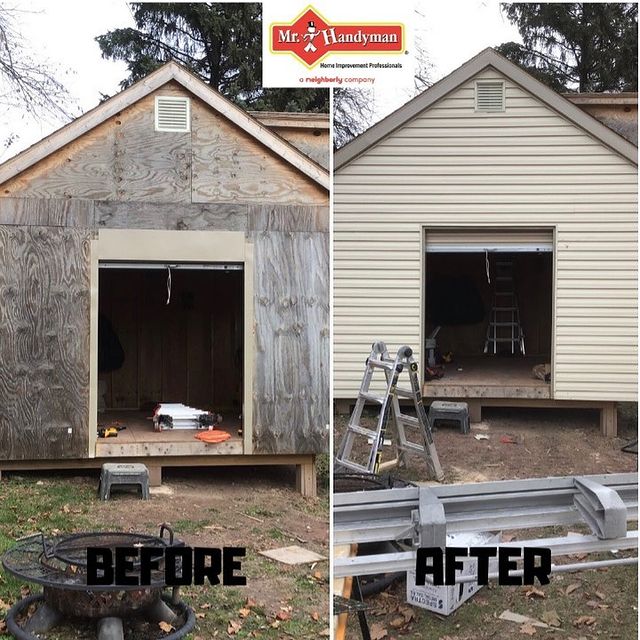 Before and after of shed siding.