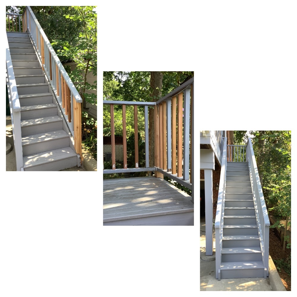 This exterior stairway needed some cosmetic and safety updates. Damaged wood was replaced, and the entire stairway and landing was painted to match existing.