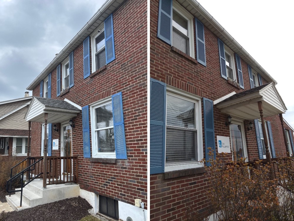 Brick home with blue shutters before and after a paint refresh and exterior trim repair – Mr. Handyman of Lehigh Valley.