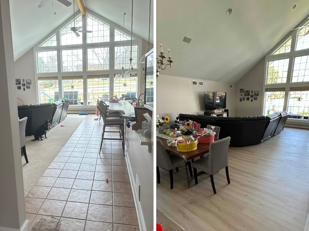 Before and after of a family room flooring remodel by Mr. Handyman of Lehigh Valley, replacing tile and carpet with modern vinyl planks.